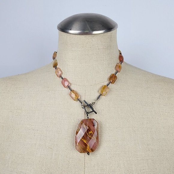 Polished Natural Stone 925 Sterling Toggle Necklace Earring Set - Picture 1 of 10